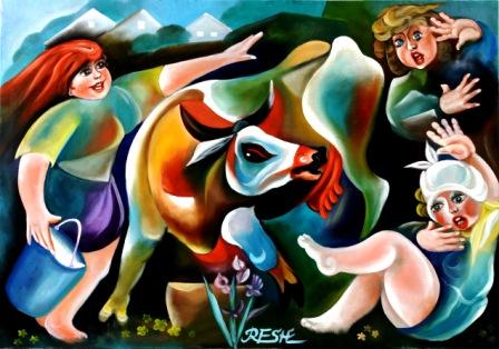 --Cow given to butting--oil on canvas 100x70cm.-2003