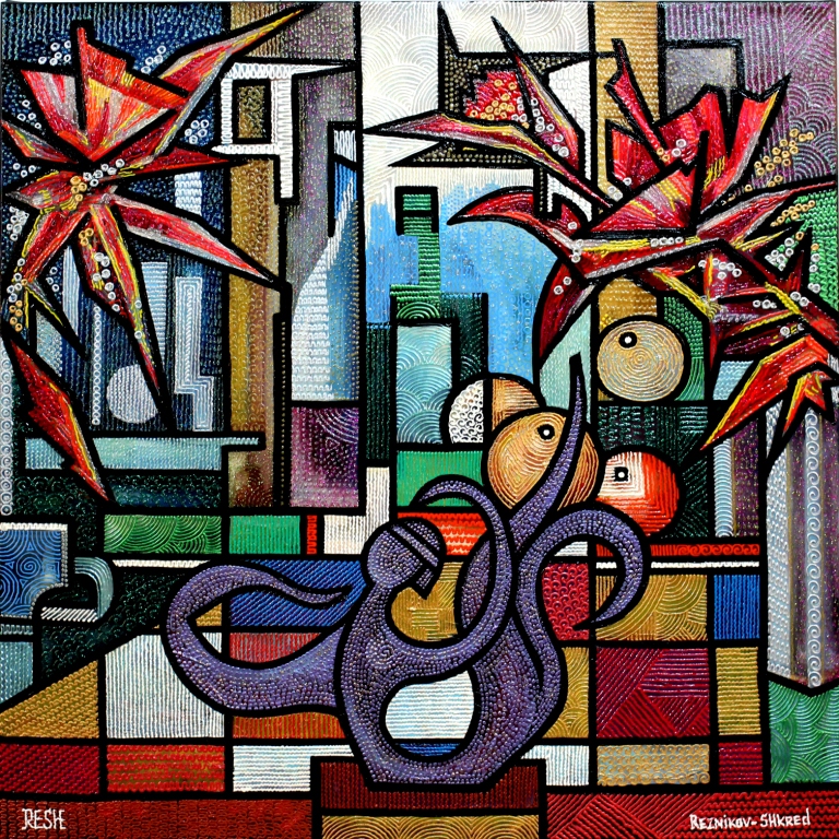 --Still-life with flowers --mixed technic on canvas 70x70cm.