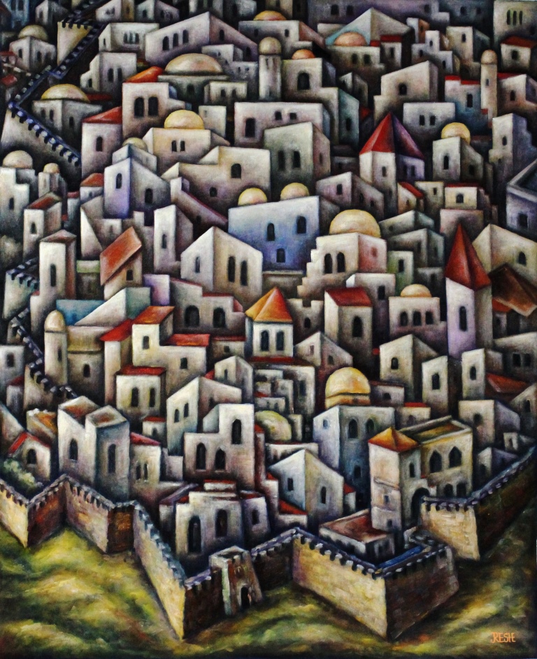 Composition -Jerusalem- mixed technics on canvas 111 x90 cm.
