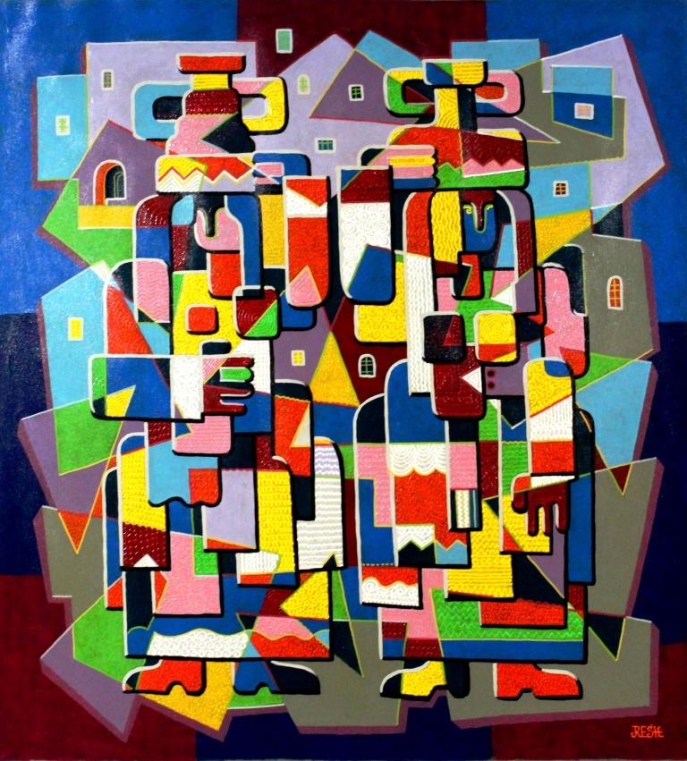 Composition--Woman with jugs --mixed technics on canvas 98x 90cm.